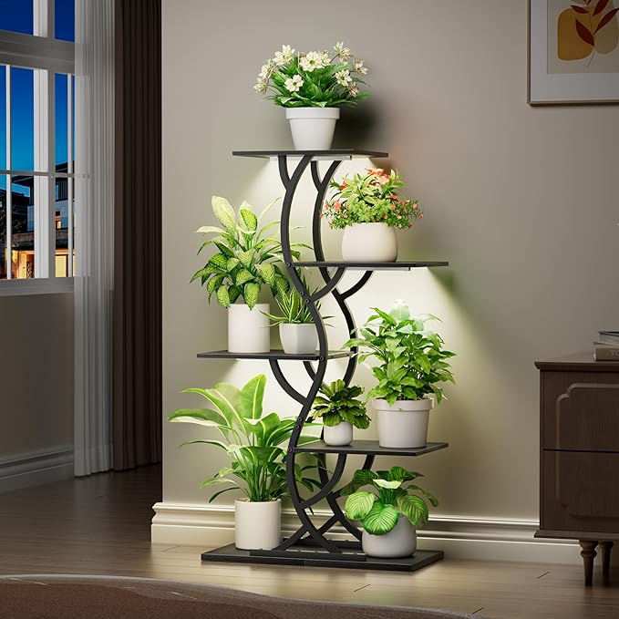 Plant Stand Indoor with Grow Lights - 44" Tall Corner Plant Stands for Indoor Plants, 5 Tiered Metal Plant Shelf, Curved Plant Flower Holder Dispaly Rack for Living Room, Home Patio Balcony (Blackboard)