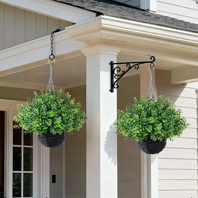 FOTEEWL Artificial Boxwood Hanging Baskets - 2 Sets of Hanging Plant Fake Bushes with Baskets,UV-Resistant Suitable for Outdoor,Porches,Eaves,Farmhouses,Courtyard Decorations