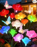 Solar Garden Lights Outdoor Waterproof 4 Pack Swaying Butterfly Light with 7- Color Changing Rose Flowers Solar Lights for Outside Garden Decor Lawn Yard Patio Path,Gifts for Women Mother's Day