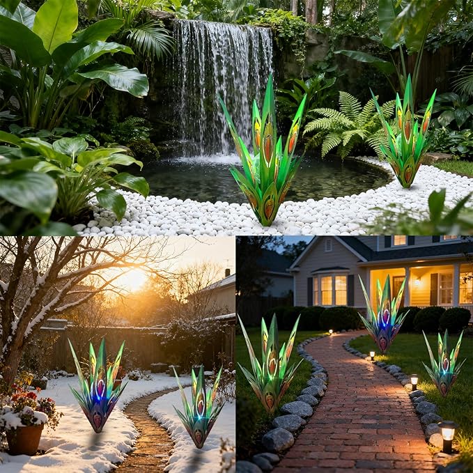 Jesokiibo 2pcs Tequila Sculpture Metal Agave Plant Home Decor Rustic Hand Painted Figurines Yard Decorations Lawn Ornaments（Multi-Color LED Solar Light Green） (Green)
