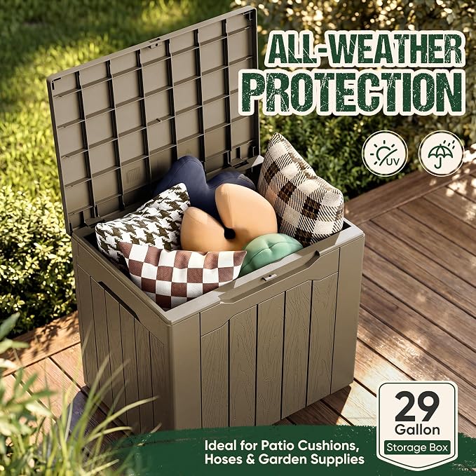 Devoko 29 Gallon Waterproof Outdoor Storage Box Resin Deck Box Lockable and UV Resistant for Patio Furniture, Garden Tools (Light Brown, 29 Gallon)
