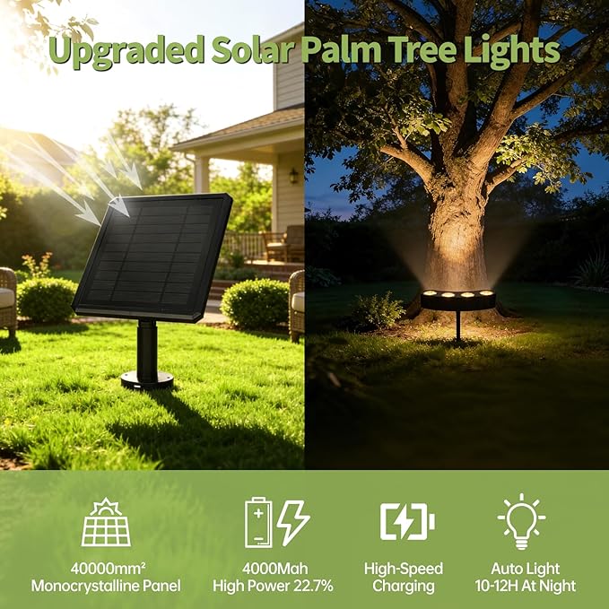 Sublume Solar Tree Lights Outdoor, Palm Tree Lights, Large Solar Panel with 4000mAh Battery, Ring Warm White LED Uplights for Tree, 3-in-1 (Stake/Tie/Hang), IP65 Waterproof, Tree Spotlights for Garden