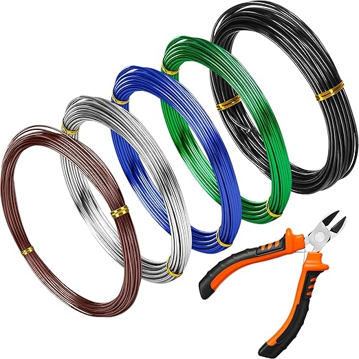 Mudder 5 Roll Aluminum Bonsai Training Wire Tree 160 Feet Total with Bonsai Wire Cutter Anodized Training for Holding Branches Small Trunks(1/1.5/2.0mm,Modern)