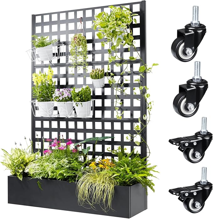 Metal Planter Box with Trellis, 71"x47"x16" Raised Garden Bed Outdoor with Privacy Screen & Lattice Trellis & Lockable Casters, Vertical Garden Box with Drainage Hole for Climbing Plants, Vegetable
