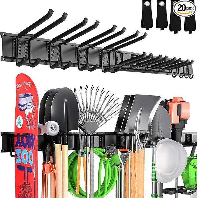 66" Garage Tool Organizer Wall Mount,20 PCS Wall Mounted Garden Tool Storage Rack Carries 720lbs, 4-Panel Steel Tool Hanger System for Shovels Rakes Brooms – Fits 16" Wall Studs