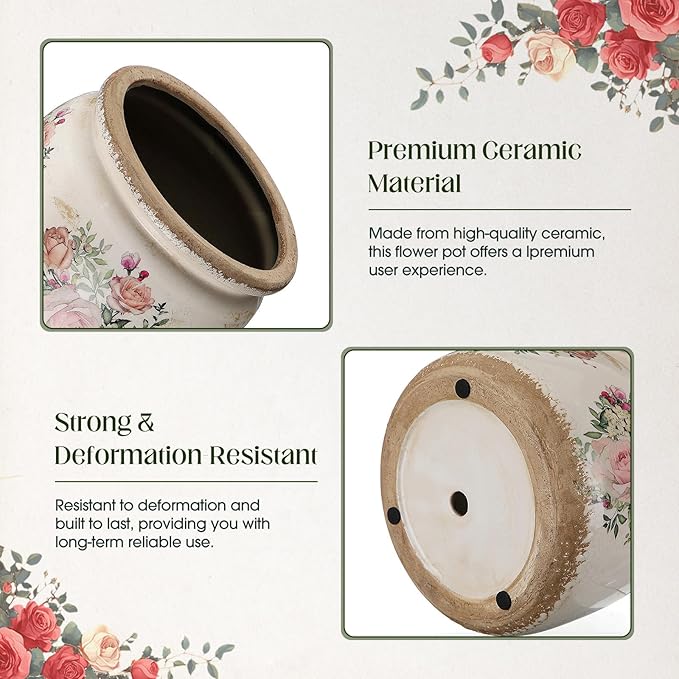 2 Pcs Vintage Planter Ceramic Plants Pot with Drainage Ice Crack Scroll Flower Vase Pot for Indoor Outdoor Plants Home Kitchen Decor Gifts(Country Rose,7.7" & 5.9")