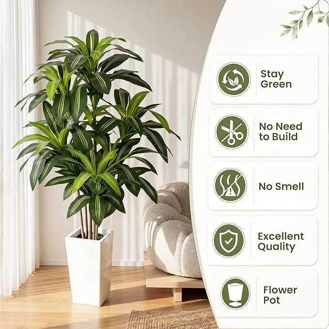 Artificial Dracaena Tree 5FT, Stable Multi-Trunk Fake Tree Indoor with White Tall Planter,Faux Silk Plant for Living Room Office Decor, UV Resistant Realistic Leaves