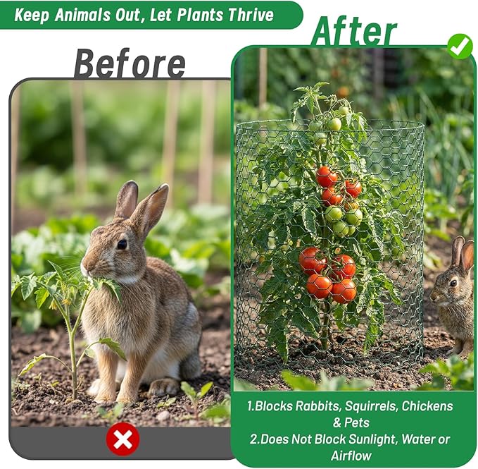 Plant Protectors from Animals, 16.4 x 16In Green PVC Coated Galvanized Chicken Wire Mesh Roll, 0.8mm Free-Cut Plant Cage with Ties, Stakes, Gloves, Pliers & Floral Wire (33Ft*20In)