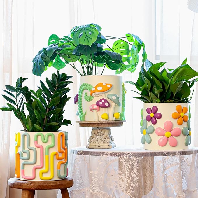 GUGUGO 8 Inch Pastel Lines Planters, Cute Unique Rainbow Planter with Drainage, Vintage Retro Eclectic Flower Plant pots for Indoor Plants and Succulent,Funny Boho Modern Home Décor