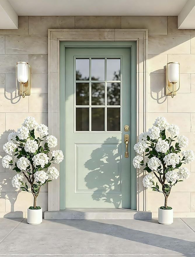 Artificial Flower Tree for Porch: 3.6ft Fake Crape Myrtle Trees Set of 2 for Outdoor Front Door Indoor Decor - White Realistic Silk Plant with Pot for Home Living Room Patio Decorations