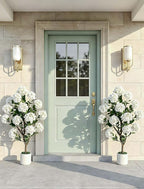 Artificial Flower Tree for Porch: 3.6ft Fake Crape Myrtle Trees Set of 2 for Outdoor Front Door Indoor Decor - White Realistic Silk Plant with Pot for Home Living Room Patio Decorations