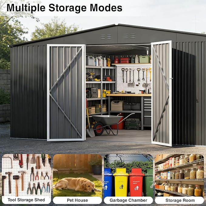 14 x 12FT Sheds & Outdoor Storage, Dark Grey Metal Waterproof Storage Shed with Door and Lock Outdoor Shed,All-Weather Shelter for Bike, Gardening Tools, Lawn Mowers