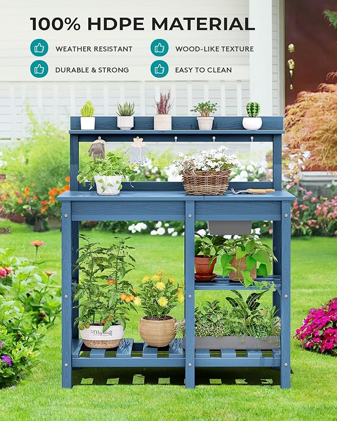 SERWALL Outdoor Potting Bench 2-Piece Set, Rot-Resistant HDPE Potting Table with Removable Sink for Outside Gardening, All-Weather Use - Blue