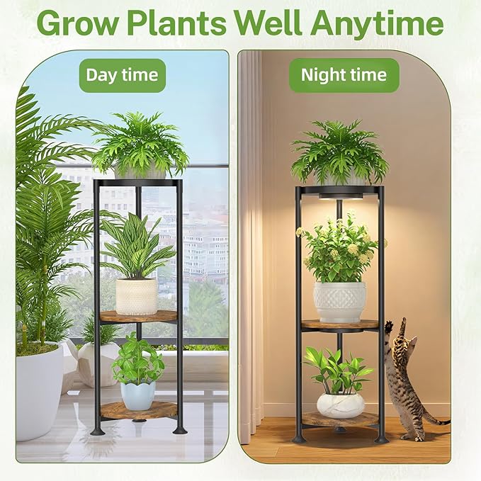 iDavosic.ly 3 Tier Plant Stand Indoor with Grow Light, 30 Inch Tall Vertical Corner Metal Flower Heavy Duty Pot Holder Shelf, Modern Black & Rustic Brown - Round