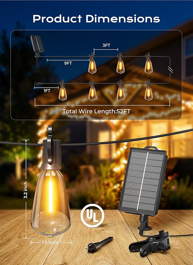 Brightown 52FT Solar String Lights Outdoor Waterproof, Patio Lights with Remote and 15+1 LED Shatterproof Bulbs, Dimmable & Timable, 3 Light Modes, Solar Lights Outdoor for Yard Garden Camping Party