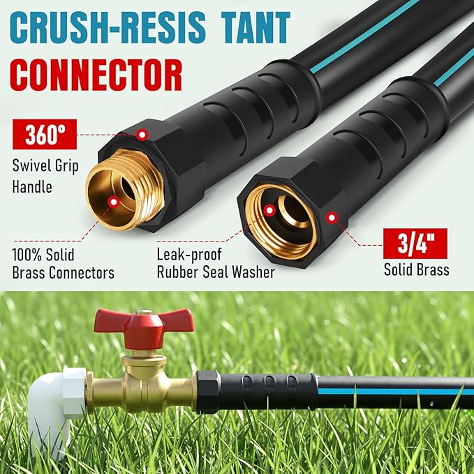 Heavy Duty Garden Hose 75 ft, NON-EXPANDABLE Water Hose with 10 Function Spray Nozzle, Lightweight Kink-less Hybrid Hose with Swivel Handle, Male to Female Fittings