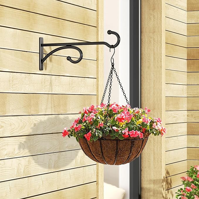 8-Inch Planter Hooks for Hanging Plants - Plant Hanger Hook Indoor Outdoor, Plant Wall Hooks, Brackets for Hanging Plants, Baskets, Wind Chime, Bird Feeder, Bird House (Black, Metal, 2 Pack)