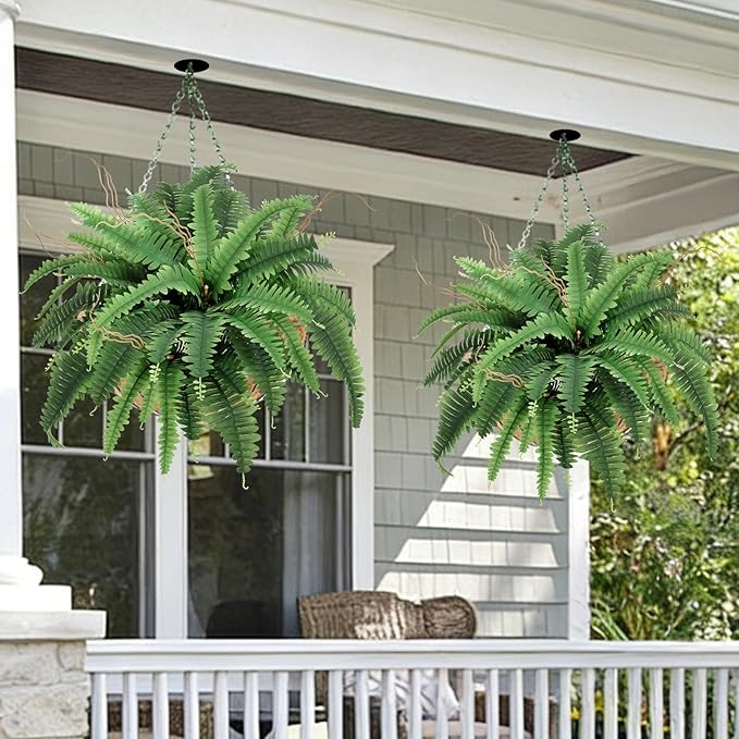 35” Artificial Boston Fern Bush Plant, 2 Faux Ferns for Outdoors Large, Fake Ferns Realistic Artificial Plants with 39 Fronds for Garden Porch Patio Home Office Living Room Decor Green