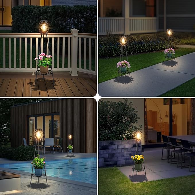 MXwcy Solar Floor Lamp with Plant Stands，Solar Lights Outdoor with Vintage LED Edison Bulbs, Weatherproof Garden Lights for Pathway, Patio, Yard, 8-10 Hours Lighting, IP55 Waterproof