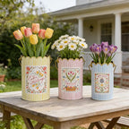 Set of 3 Vintage Floral Metal Bucket, Multi-Size Planters for Flowers & Easter Egg Containers, Rustic Garden & Home Decor