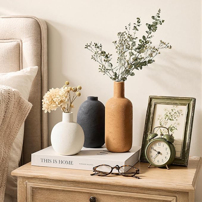 Ceramic Vase Set, Rustic Distressed Large Flower Vases in Pottery Decor, Modern Boho Farmhouse Decor for Pampa Grass, Dried & Fresh Flower, Decorative Vase for Living Room, Kitchen, Entryway, Rust Red