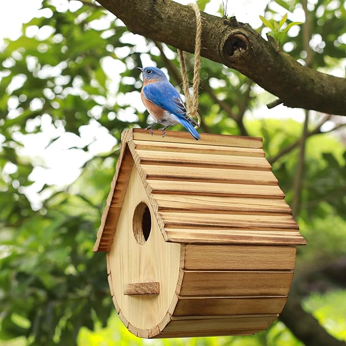 Bird House for Outside,Wood Birdhouses Outdoor, Wooden Bird House Bluebird Finch Cardinals Hanging Birdhouse for Garden Viewing