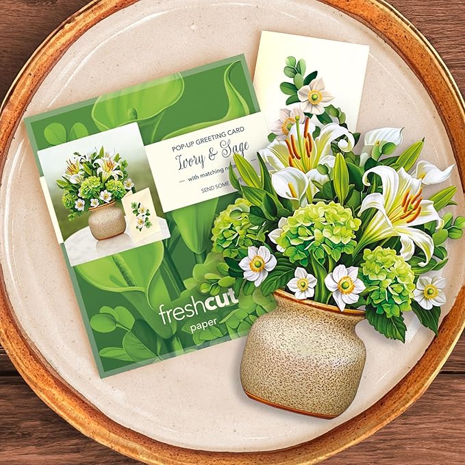 Freshcut Paper Pop Up Cards, Mini Ivory & Sage, 6 Inch Mini Sized Forever Flower Bouquet 3D Popup Greeting Cards, Birthday Cards, Get Well Gifts, Blank Notecard & Envelope