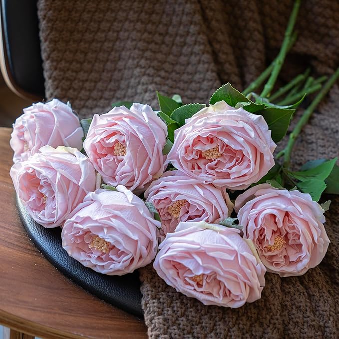 DUYONE Fake Flowers for Decoration Home Decor Artificial Flowers Austin Rose Peony Latex Fake Flower Living Room Decoration Vivid Pink Roses Peonies (Light Pink 4pcs)