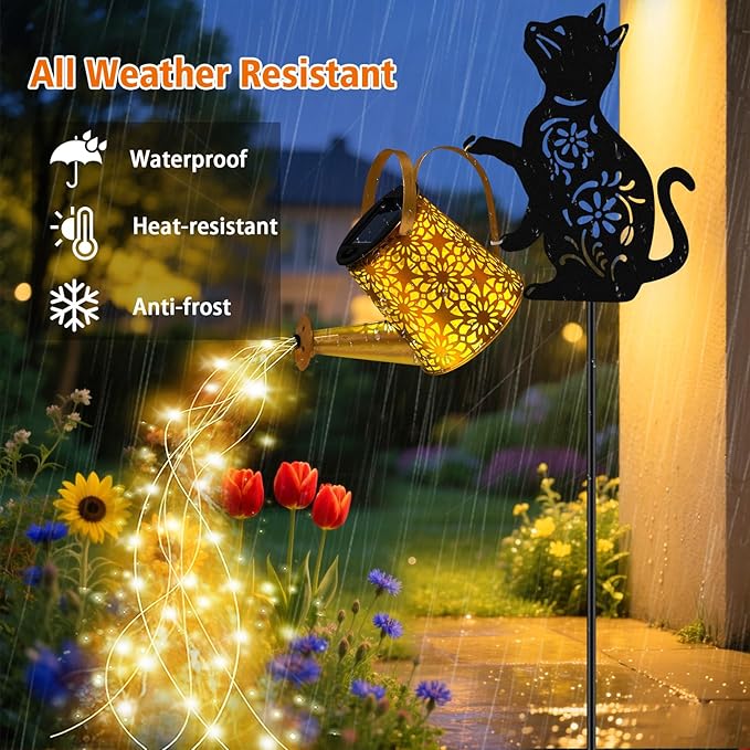 Solar Lights Outdoor, 2 Pack Black Cat Solar Watering_Can Lights, Birthday Gifts for Women Mom Cat Lover Mother's Day Christmas, Waterproof Hanging Lantern Garden Decor Outside Patio Yard Pathway