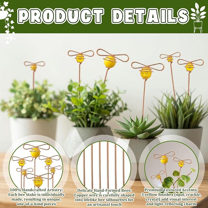 Hushee 6 Pcs Bee Garden Stakes Decor Copper Decorative Plant Stakes Bee on Stick Yard Suncatcher Decorations with Glass Acrylic Balls for Pot Lawn Patio Corridor Flower Bed Outdoor Plant