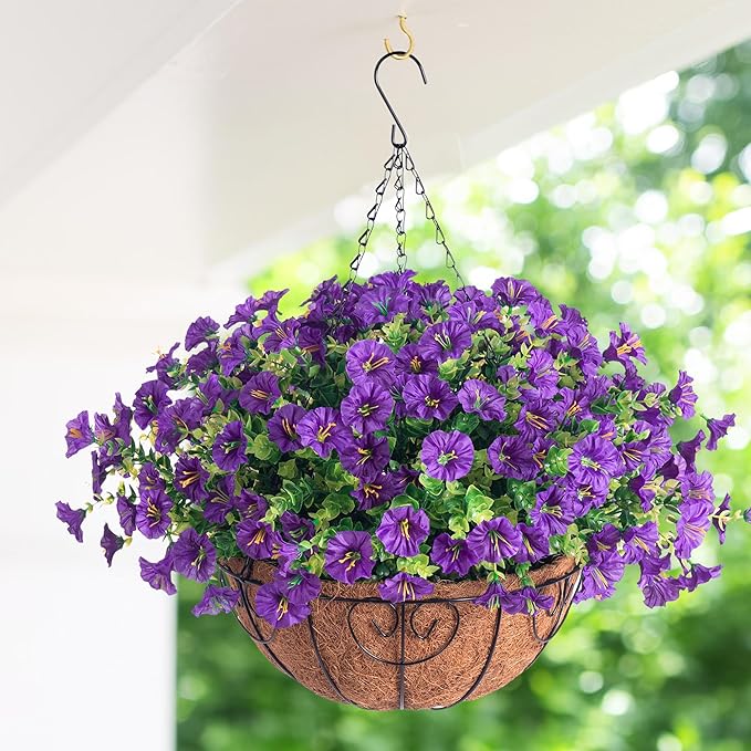 Artificial Fake Hanging Flowers Plants Basket for Outdoors Spring Decoration, Realistic Faux Silk Morning Glory for Outdoor Planters UV Resistant Artificial Flowers for Outside Porch Garden, Purple