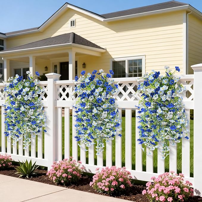 Artificial Fake Flowers Plants for Outdoor Spring Summer Decoration,2 PCS Faux Silk Morning Glory with Eucalyptus Leaves,UV Resistant Realistic Outdoor Flowers for Balcony Porch Patio Yard Garden