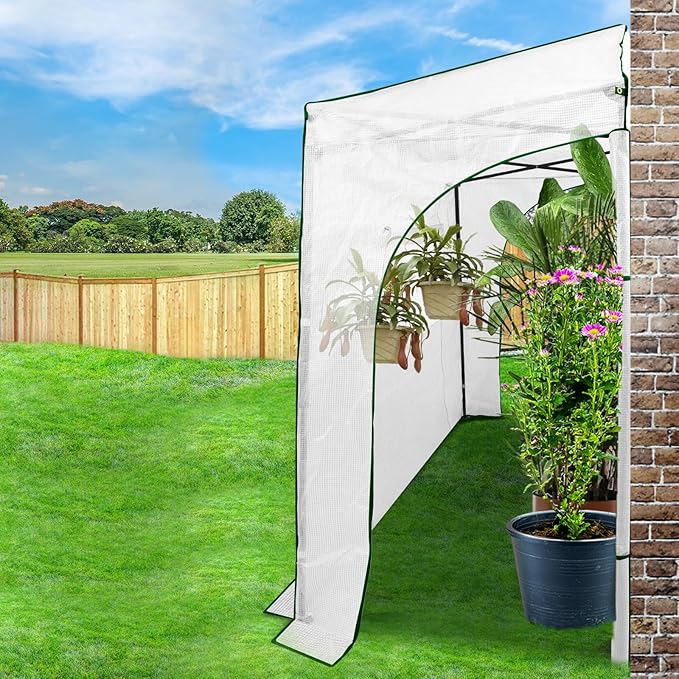 EAGLE PEAK 9x4 Portable Walk in Greenhouse, Pop Up Indoor Outdoor Greenhouse, Green House Kit with Zippered Roll-Up Doors and Windows, Lean-to Design, PE Cover, Clear/White