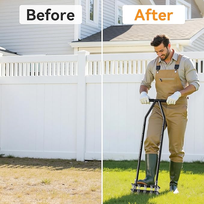 Knee-Friendly Manual Lawn Aerator Tool - 15 Heavy-Duty Steel Spikes,Spring-Loaded Auto-Clean Design, Pre-Assembled for Soil Loosening & Lawn Health, Garden/Yard Aeration Tool