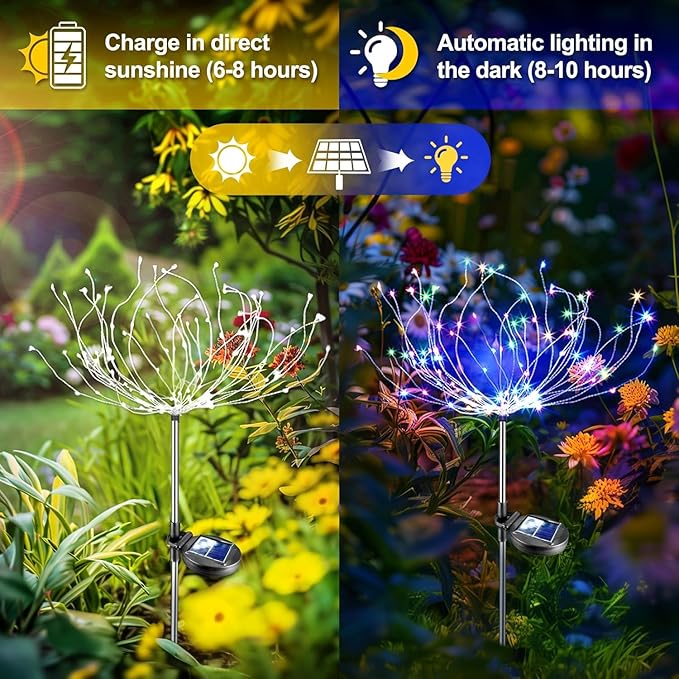 Anordsem Solar Lights Outdoor Waterproof: 6 Pack Garden Light - Bendable Copper Wire with 120 LED Firework Beads - DIY Colorful Fun Decoration for Yard Patio - Twinkle Sparkler Gifts for Women Wife