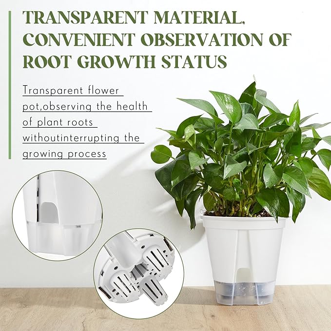 Wonderjune Self Watering Pots for Indoor Plants with Deep Reservoir and High Drainage Holes for Outdoor Plants and Flowers, Bare Root Planter(4.72'', 5.91'', 7.09'',White,9 Pcs)