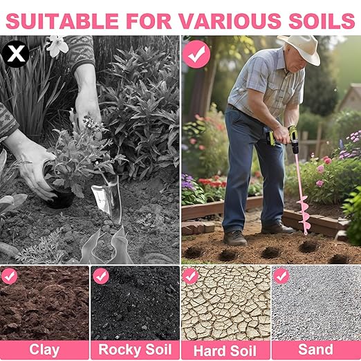 Auger Drill Bit for Planting 2 x 14.5 Inch, Garden Spiral Bit for 3/8" Hex Drive, Earth Post Hole Digger Bulb Planter Drill Auger for Planting Bedding Rapid Digging, Pretty Pink