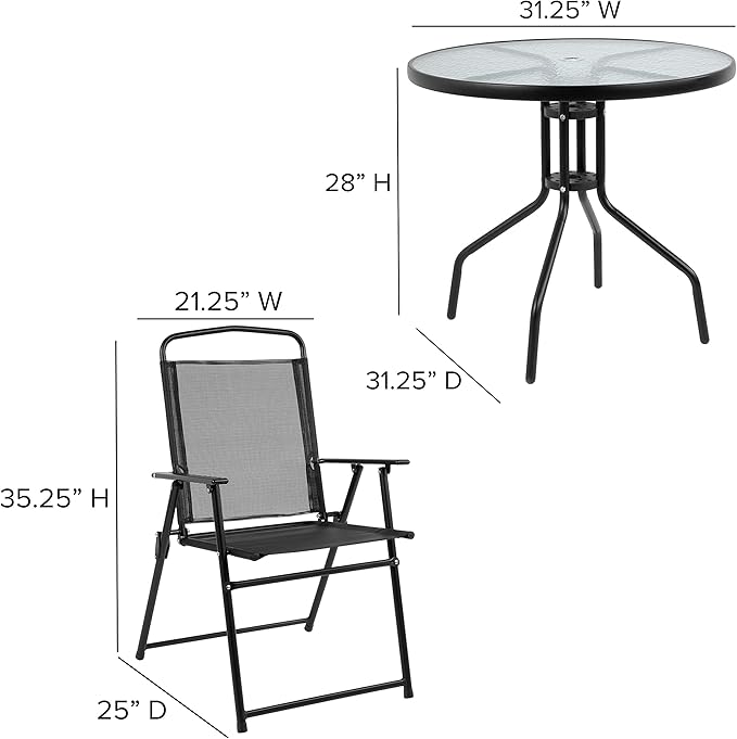 EMMA + OLIVER 6 Piece Black Patio Garden Set with Umbrella Table and Set of 4 Folding Chairs