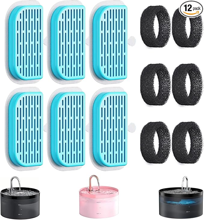 GIOTOHUN Cat Water Fountain Filter: 12 Cat Fountain Filter Replacement - 6 Pieces Filters + 6 Pieces Sponges for Pet Dispenser H1 (67oz/2L)