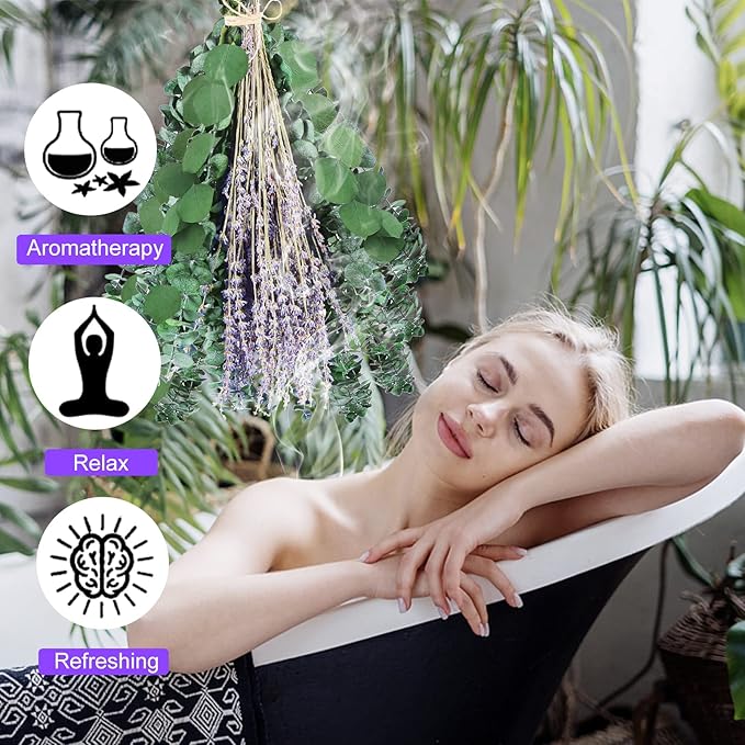 115 PCS Large Dried Preserved Eucalyptus Stems & Lavender Flowers Bundle for Shower, 17'' Real Fresh Hanging Silver Dollar Leaves, Aromatic Self-Care Shower Plants, Natural Fragrance, Home Decor