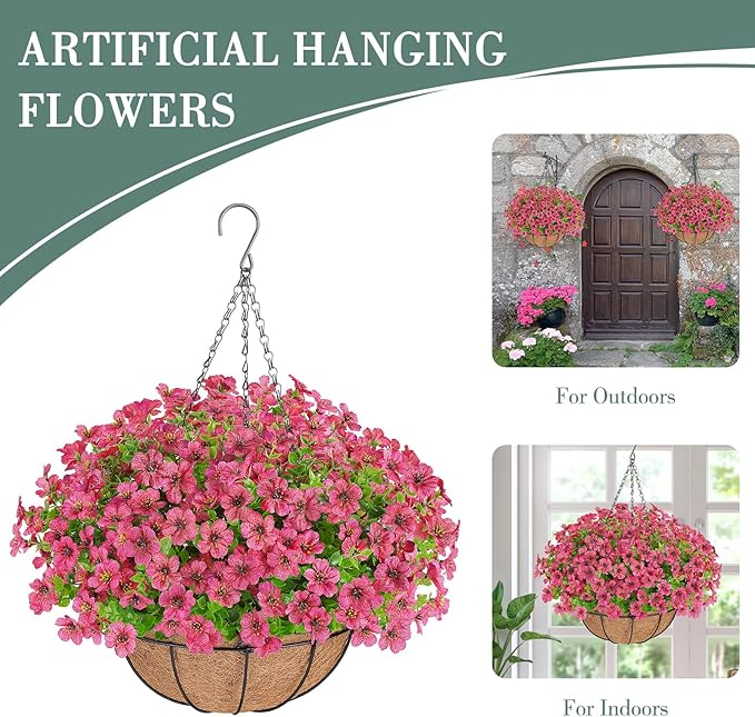 Artificial Flowers Hanging Plants in Basket,Artificial Hanging Flowers for Spring Outdoor Indoor Decor,UV Resistant hanging Baskets with Fake Flowers for Summer Patio Garden Porch Deck Home Decor
