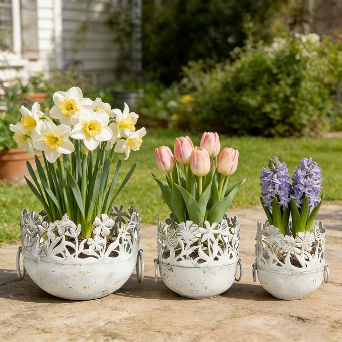3 Piece Vintage Metal Planter Set, Rustic Distressed Farmhouse Flower Pots with Handles for Indoor Outdoor Garden, Tabletop Centerpieces & Wedding Decor