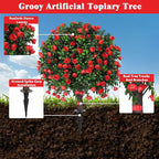 Grooy Artificial Boxwood Topiary Tree with Rose, Set of 2 Artificial Shrub Bushes with Ground Spike, Fake Evergreen Tree for Porch, Artificial Plants for Outdoor Planters Indoor UV Resistant
