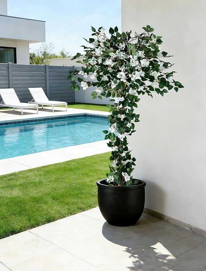 BLOSMON Bougainvillea Artificial Flower Tree: 5ft White Fake Flower Plant for Front Porch Decor - Faux Silk Floral Trees with Pot for Outdoor Garden Patio Indoor Home Office Floor Decoration