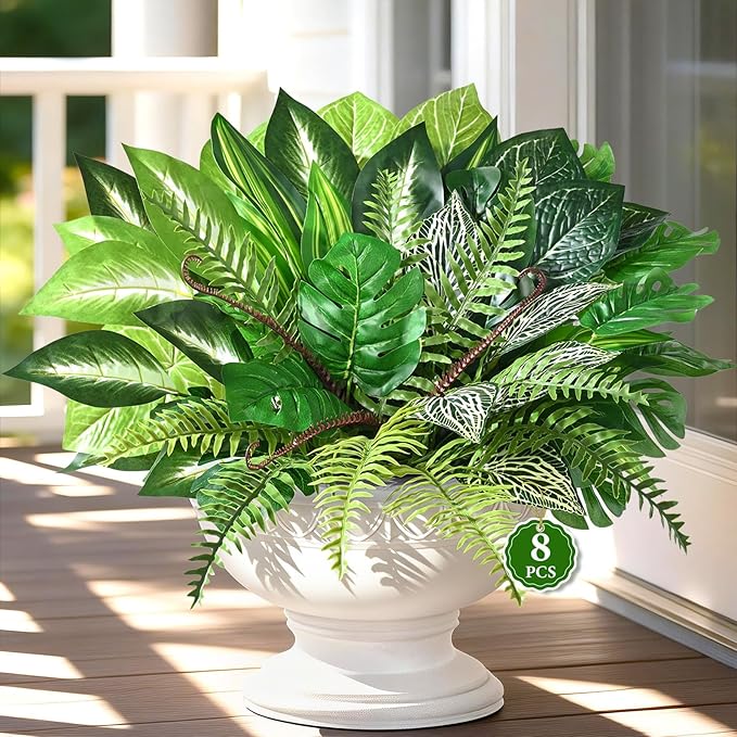 Livole 8 Pcs Artificial Plants Outdoor Faux Plants Fake Greenery Stems with Boston Fern Lavender Morning Glory UV Resistant Artificial Flowers for Outdoors Porch Patio Garden Spring Summer Home Decor
