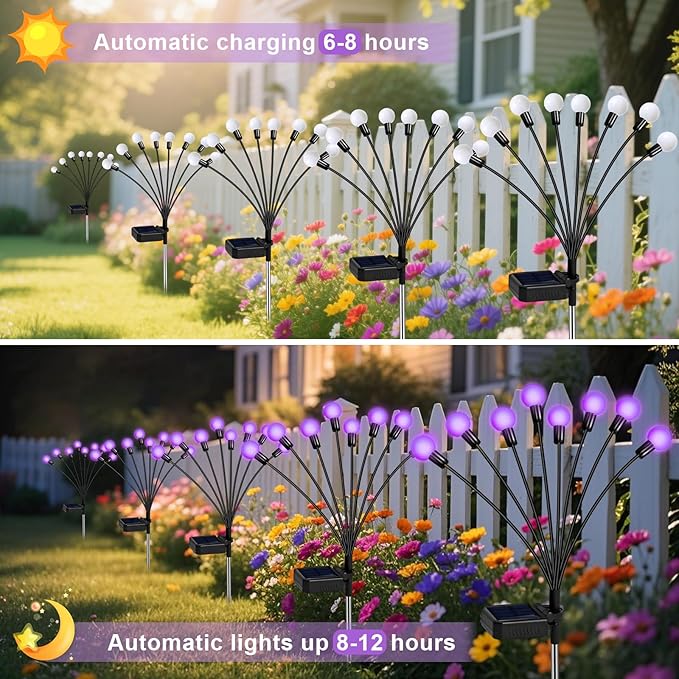 ZFNN Solar Garden Lights 16 LEDs, Purple, 2 Pack 8 Heads, Outdoor Waterproof, Swaying Firefly Lights for Yard, Patio, Pathway, Lawn Decorations