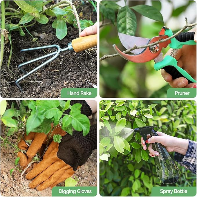 Grenebo Gardening Tools 9-Piece Heavy Duty Garden Hand Tools with Fashion and Durable Garden Tools Organizer Handbag, Rust-Proof Garden Tool Set, Ideal Gardening Gifts for Women (Pink)