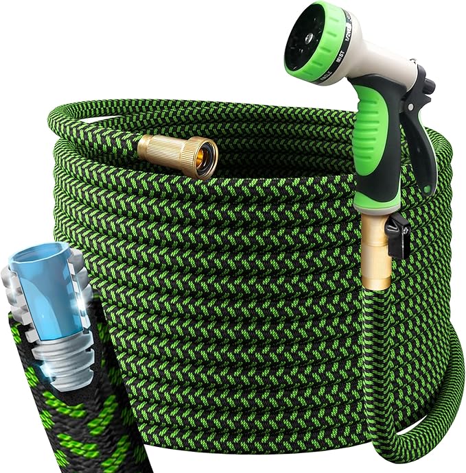 PowerFlow Garden Hose, NON-EXPANDABLE 75 Feet Premium Quality Stainless Steel Metal Water Hose with Durable Fabric Skin, Hose For Commercial, Residential Use, Bonus 10-way Spray Nozzle (75 Ft, Green)
