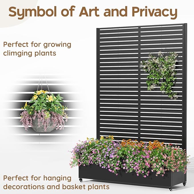 Metal Planter Box with Trellis,72"x47"x15.7",Galvanized Raised Garden Bed Trellis Outdoor Planter with Privacy Screen & Wheels and Drainage Holes,for Patio Climbing Vegetables,Flowers,Vines,Black