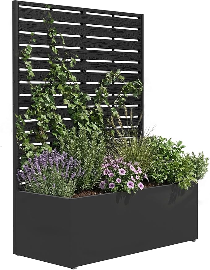 Metal Raised Garden Bed with Trellis, 35"x16"x47" Planter Box for Vegetables & Climbing Plants, Outdoor HDPE Privacy Screen Planter with Drainage Holes for Patio, Backyard, Garden